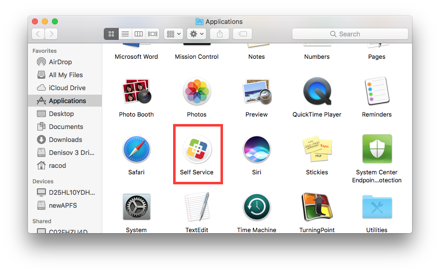 A picture of the Self Service app in the Applications folder on a Macintosh.