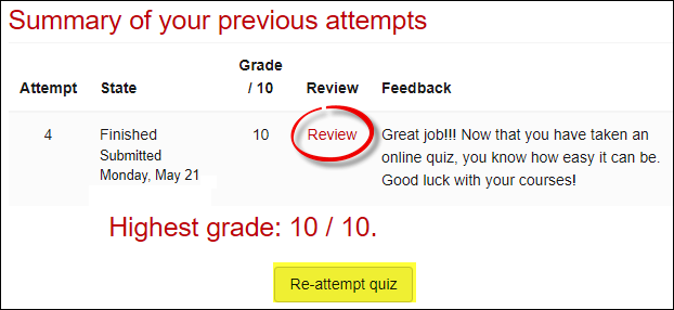 Screenshot of quiz result review