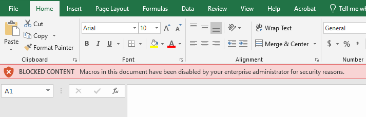 A screenshot of a macro warning in Excel. It states BLOCKED CONTENT Macros in this document have been disabled by your enterprise administrator for security reasons.