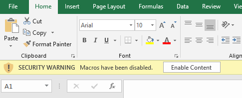 A screenshot of a security warning in Excel. It states SECURITY WARNING macros have been disabled and presents a button to enable the content.