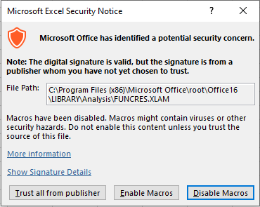 A warning about a macro from an unknown publisher. You can trust the publisher, enable macros for one session, or disable macros.