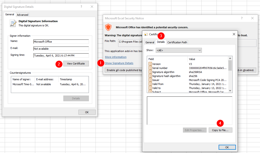 A screenshot showing the various steps to export a publisher's certificate from an add-in or macro.