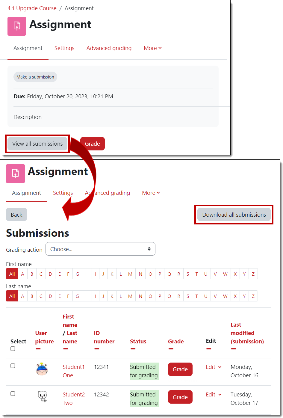 Screenshot of view all submissions options