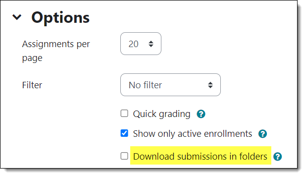 Screenshot of download student work in folders option