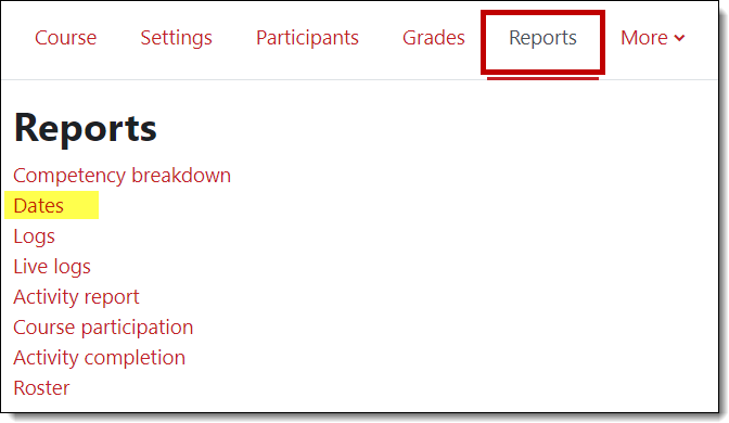 Screenshot of Dates option in Reports menu