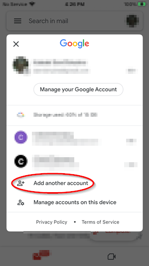 Picture of the Gmail accounts manager window with the add another account button highlighted towards the bottom of the menu.