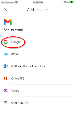 Picture of Gmail asking about the type of email account you want to setup with the google option highlighted.
