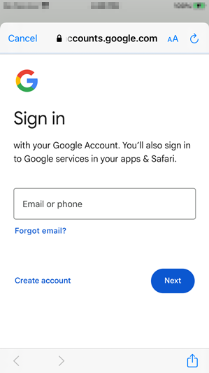 Picture of the google sign in page on iOS.