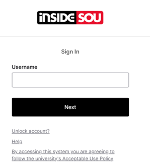 Picture of the SOU Login page with the username being asked for and a next button under the aforementioned field name. Under that there are a few options such as unlock account and help.