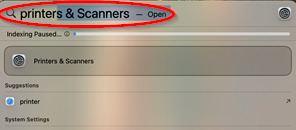 Picture of the printer and scanners app being highlighted after the word printer was typed in and the program app shortcut button located under the search bar.