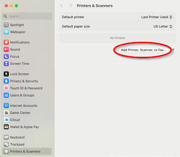 Picture of the printers and scanners window with a button about the middle of the window but also on the right side of that middle that states, "Add printer, Scanner, or Fax".