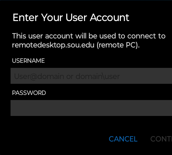 Picture of the user account sign in page that requests your sou email and your sou password with a continue button at the bottom right