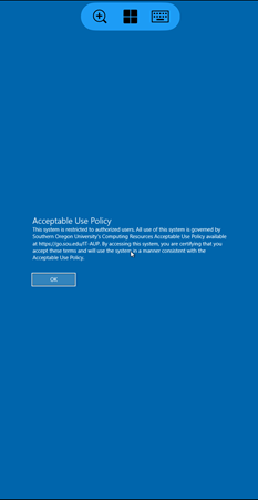 Picture of the blue screen asking for an acceptable use policy with an ok button for continuing.