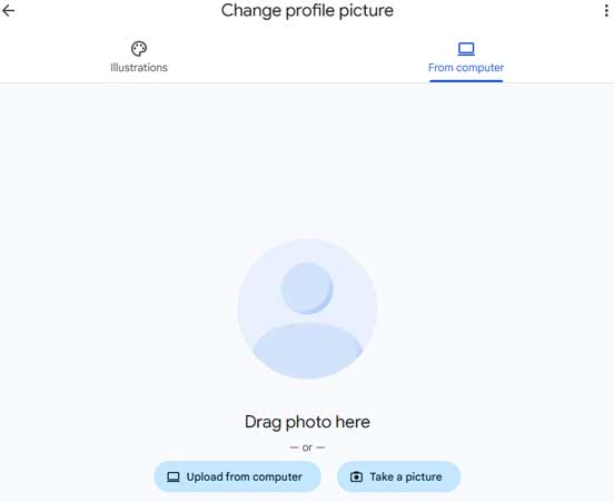 Picture of the change profile picture menu and the from computer tab selected