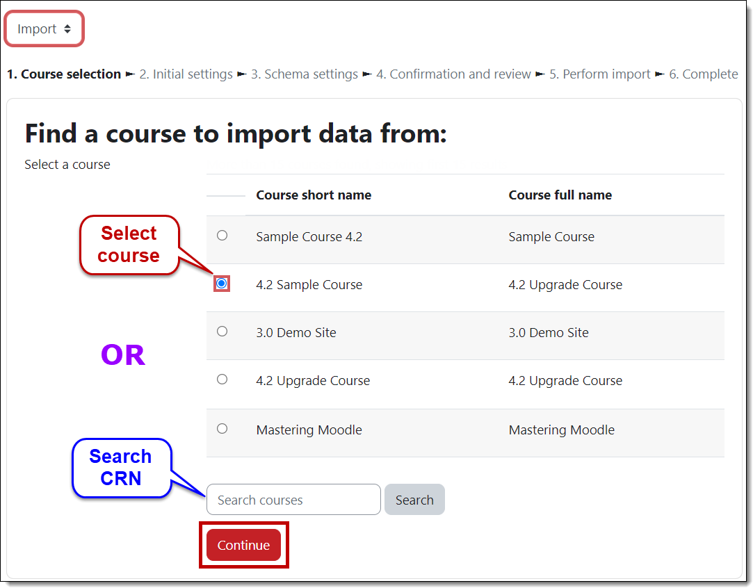 Select course to reuse interface