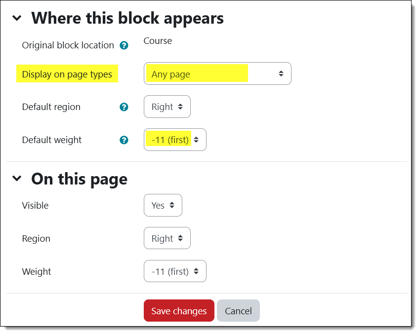 Screenshot of blocks options