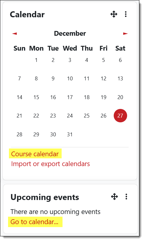 Screenshot of Calendar and Upcoming events blocks