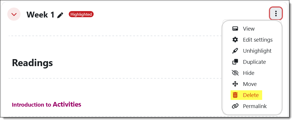 Screenshot of section options with delete highlighted