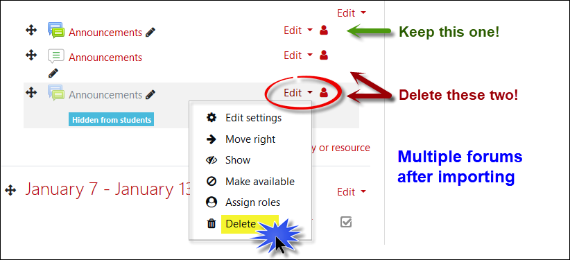 Screenshot of two announcements with second one being deleted