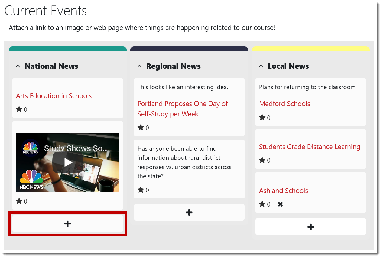 Student view of board activity