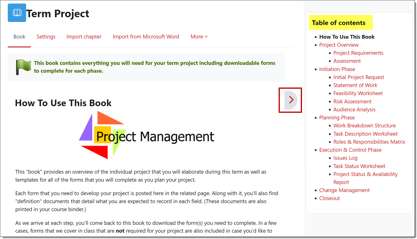 Screenshot of first page of a book with table of contents at right