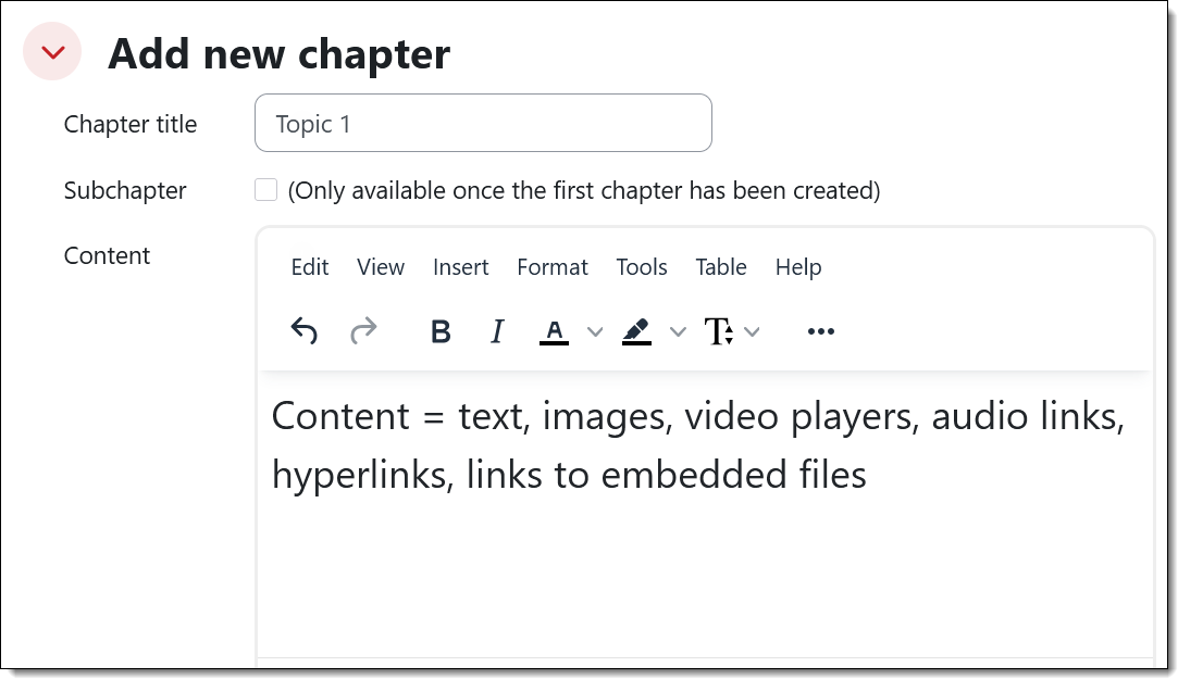 Screenshot of initial chapter settings