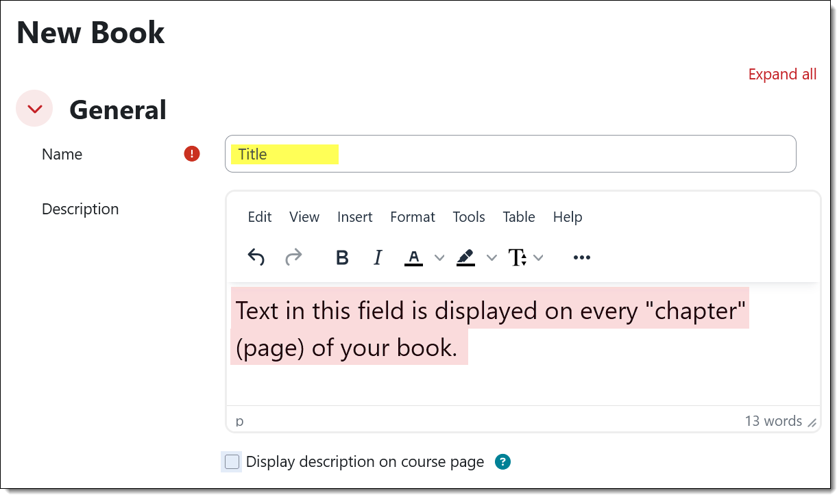 Screenshot of book settings