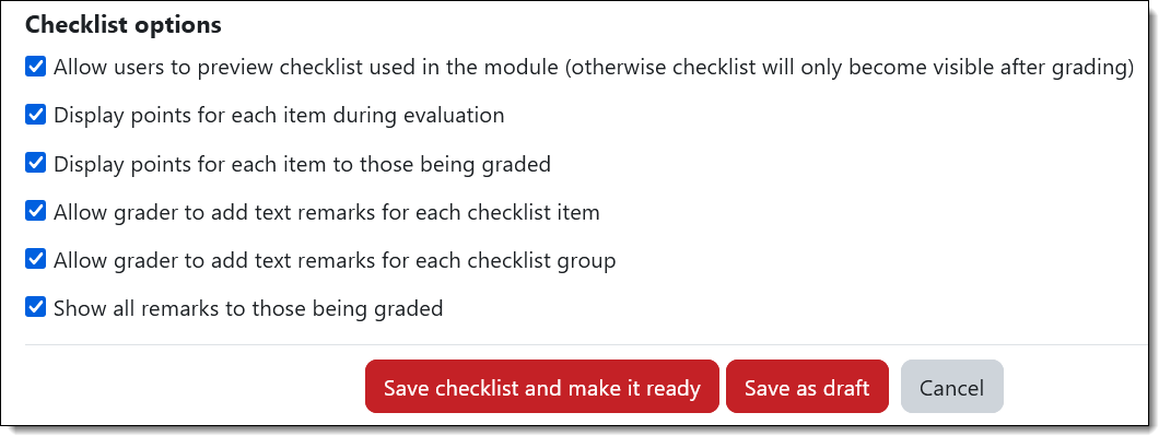 Screenshot of checklist options