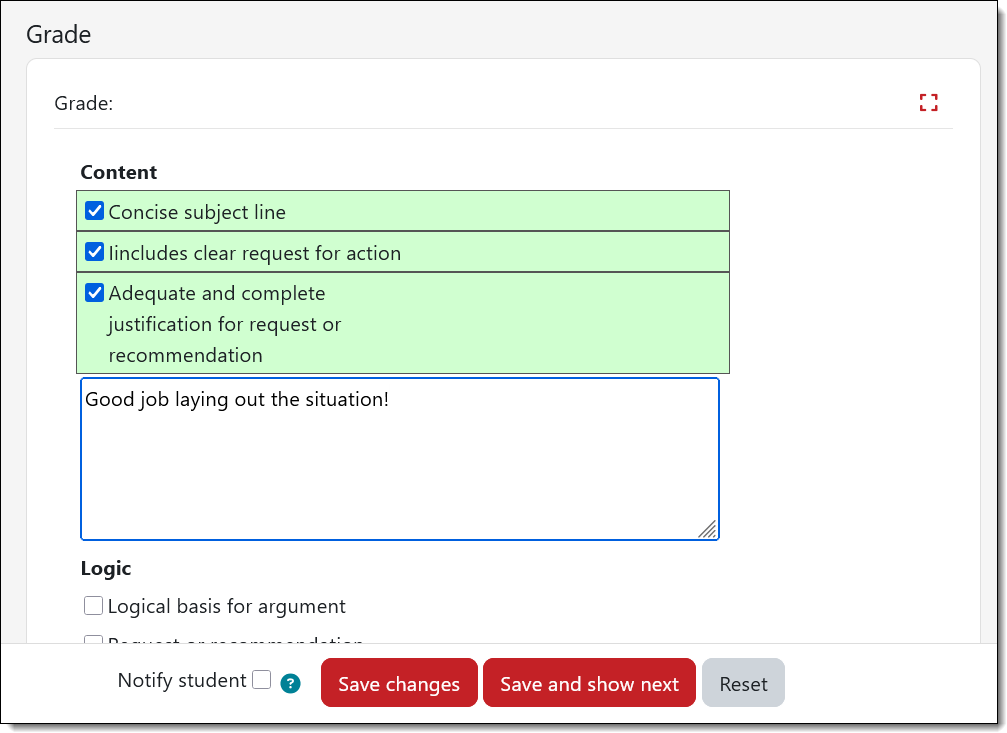 Screenshot of Checklist grading interface