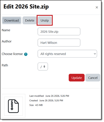 Folder file options with Unzip highlighted