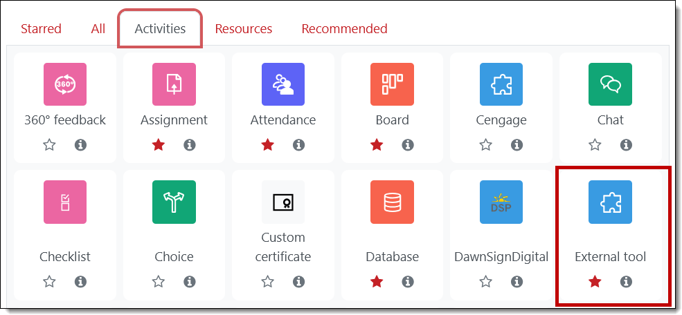 Screenshot of Moodle activities with External tool highlighted