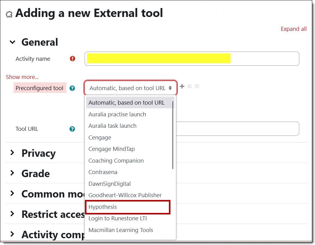 Screenshot of external tool options