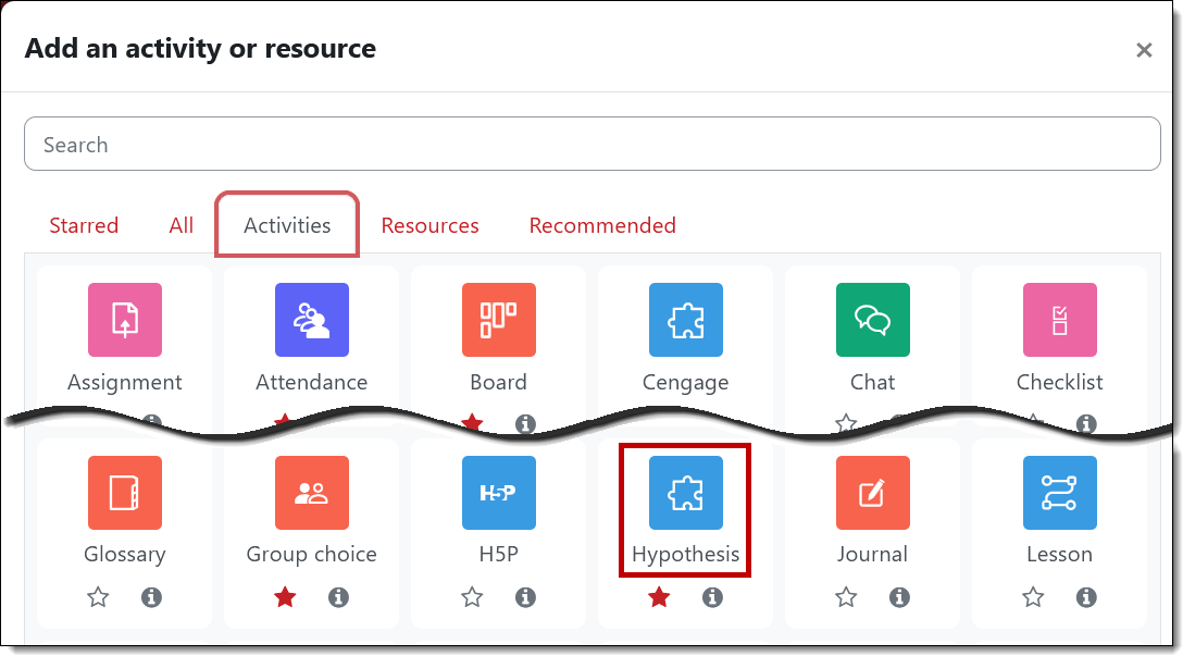 Screenshot of Add an activity interface with Hypothesis highlighted