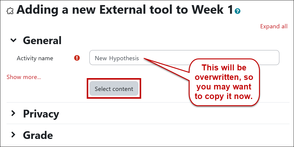 Screenshot of initial Hypothesis options