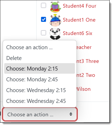 Screenshot of selected student with action options