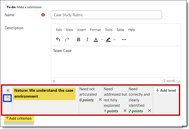 Screenshot of rubric setup with duplication criterion highlighted