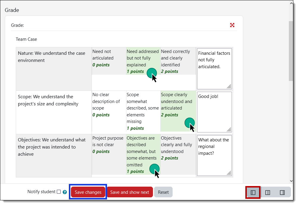 Screenshot of grading interface