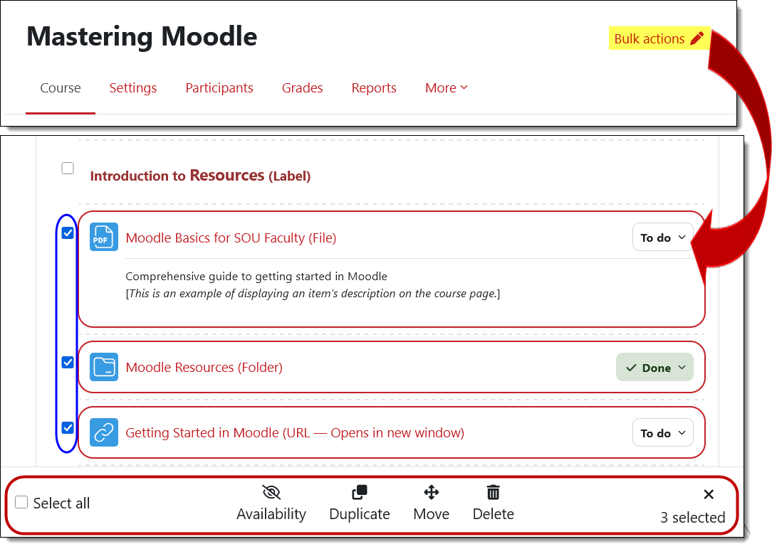 Screenshot of bulk item action options