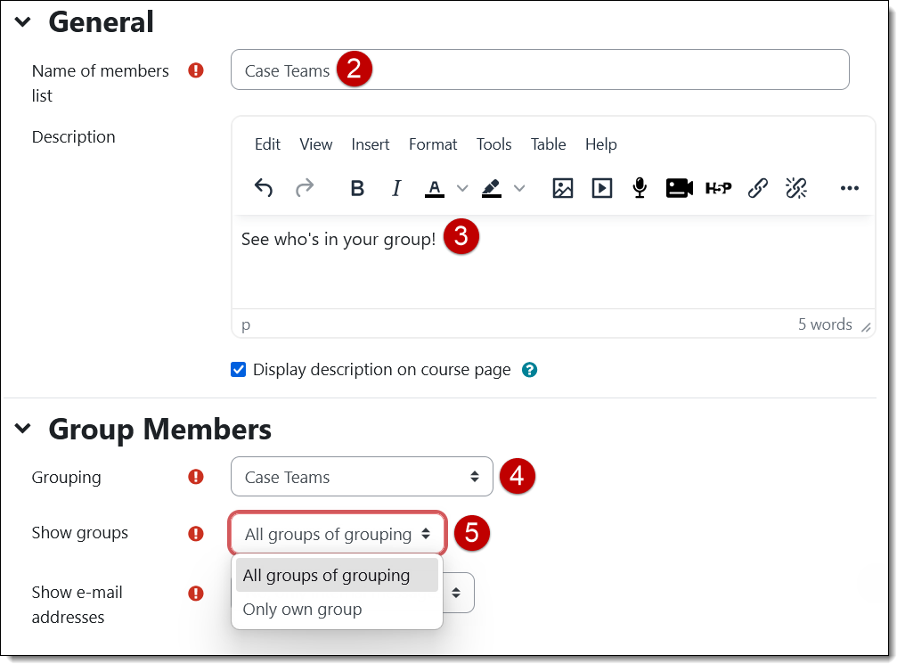 Screenshot of Group Member options