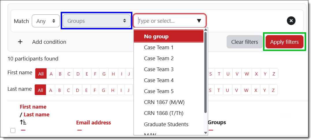 Screenshot of filter enrolled users by No group
