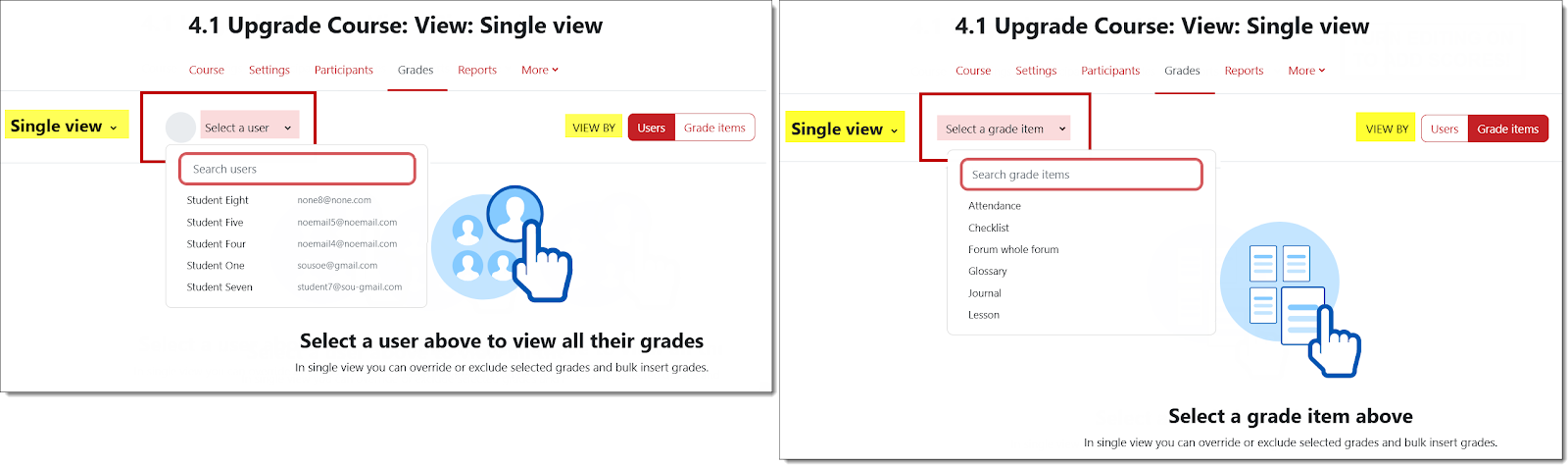 Screenshots of selection options