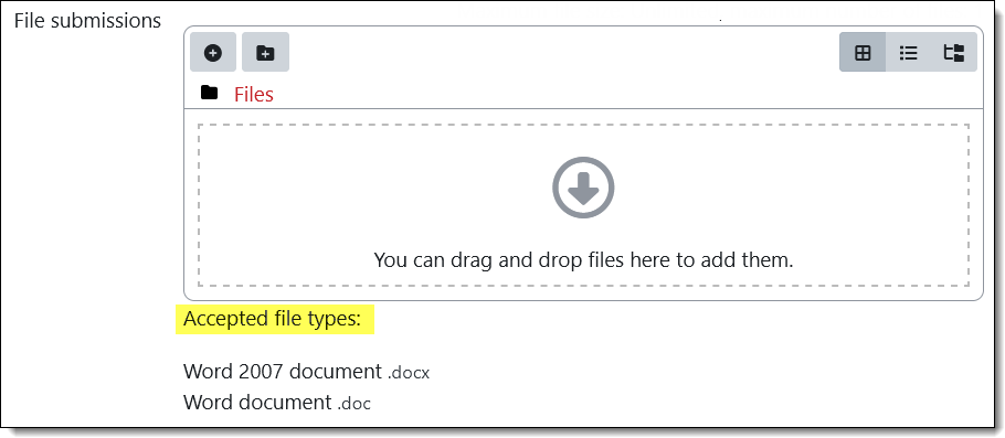 Screenshot of student submission link with file type limitations highlighted