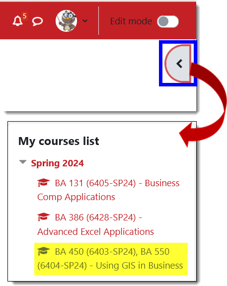 Screenshot of My courses list with courses in red and gray