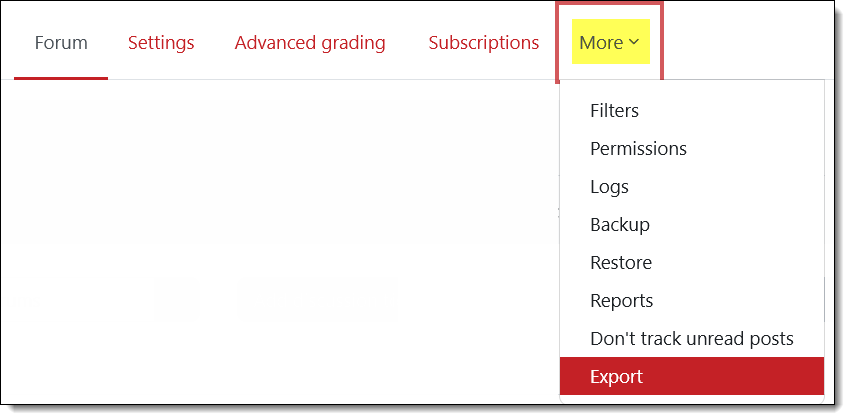 Screenshot of More tab options with Export highlighted