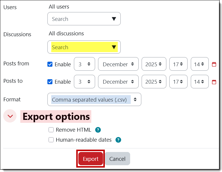 Screenshot of Export forum post options