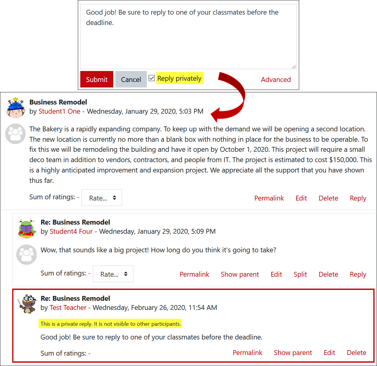 Screenshot of private reply option