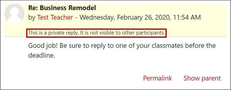 Screenshot of student view of private reply