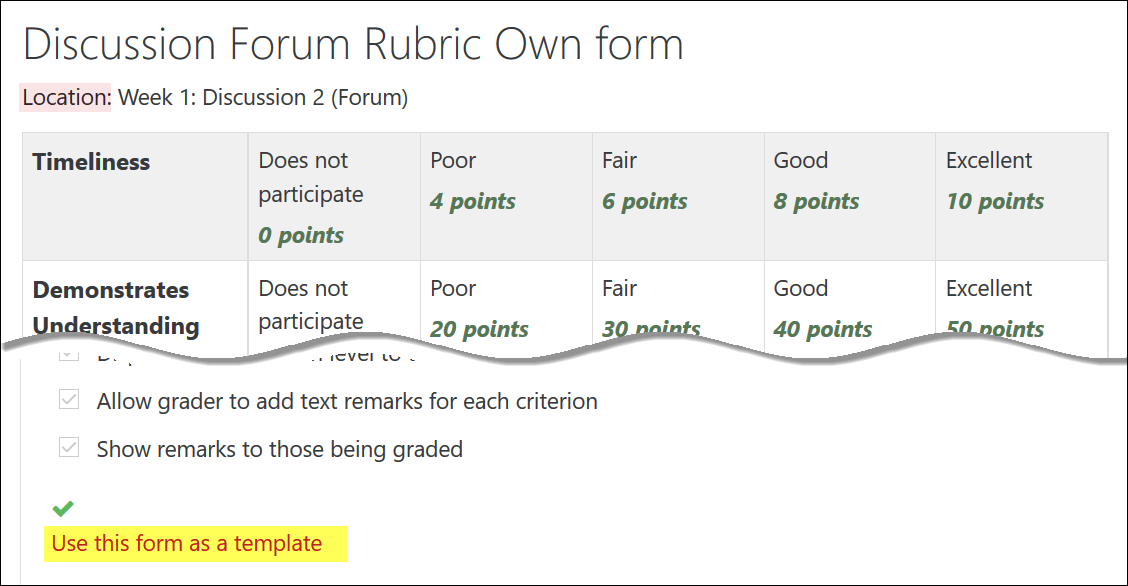 Screenshot of rubric selected