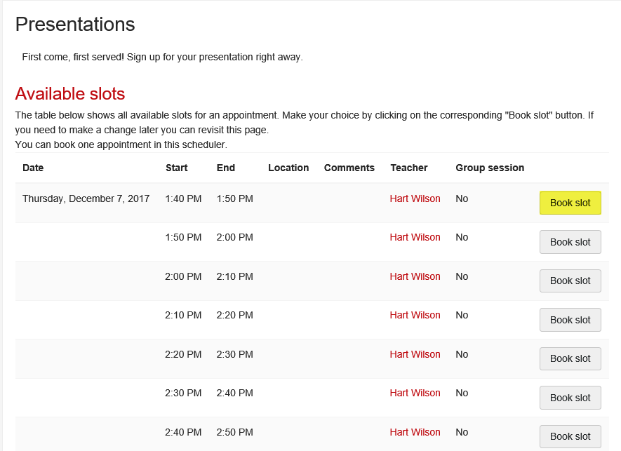 Student view of schedule options