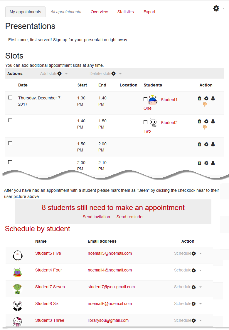 Instructor's view of accepted slots
